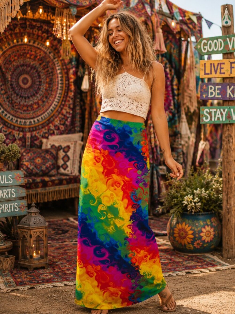 Love Rainbow Tie Dye Maxi Skirt Women's Large Boho Hippie Festival Stretch Color